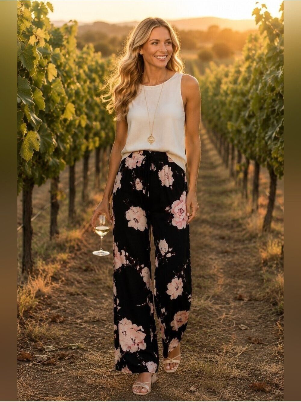 Romantic Floral Palazzo Pants Wide Leg Boho Resort Vacation Cottagecore Size L - Picture 6 of 15